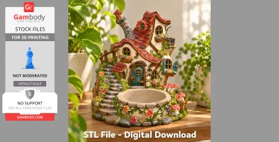 Whimsical fairytale house organizer with red roof, flower details, and stone steps for 3D printing.