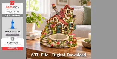 Whimsical fairytale house model with colorful roof, stairs, and garden details for 3D printing.
