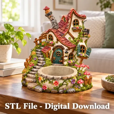 Charming fairy tale house organizer with detailed roof, stairs, and garden; designed for 3D printing.