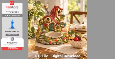 Whimsical fairytale house organizer with red roofs, stairs, and floral details, set on a decorated table.