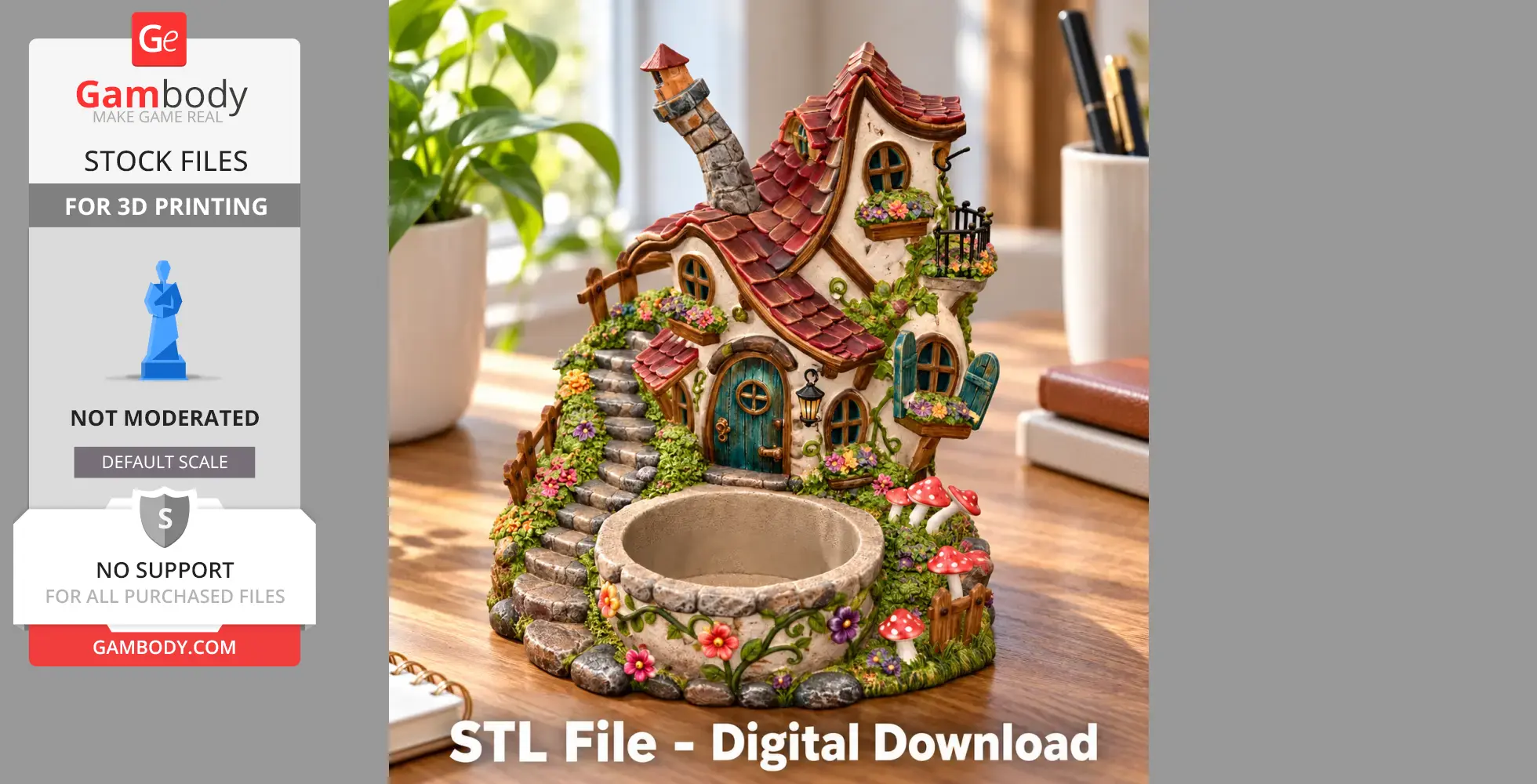 A whimsical fairytale house organizer with colorful flowers and chimneys for 3D printing.