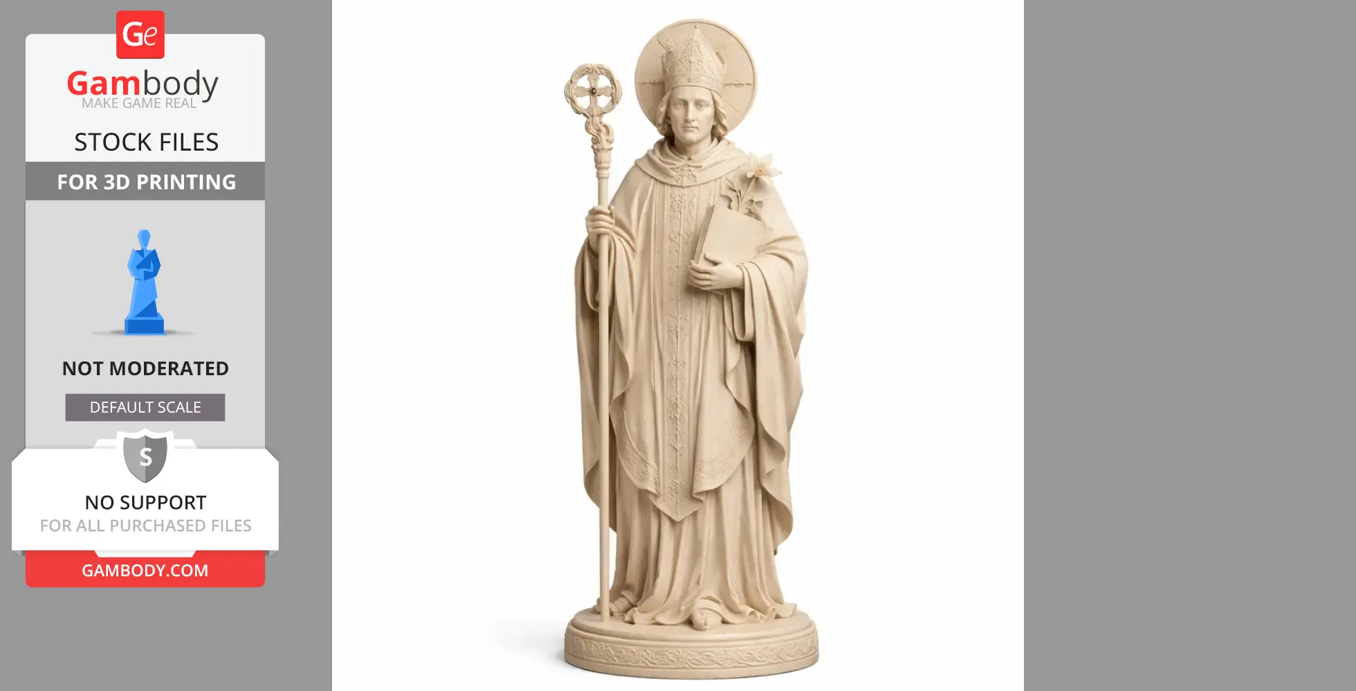 A detailed 3D printed statue of a saint holding a staff and book, wearing traditional religious attire.