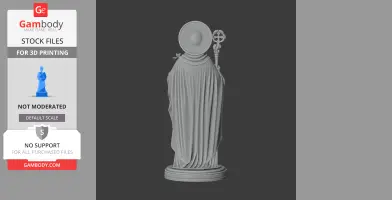 A draped statue holding a staff, with a halo-like disk behind its head, standing on a round base.