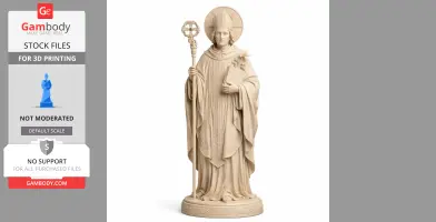A detailed 3D printed statue of a saint holding a staff and book, wearing traditional religious attire.