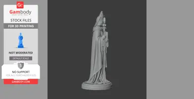 A detailed 3D print model of a saintly figure in robes, holding a staff and book.