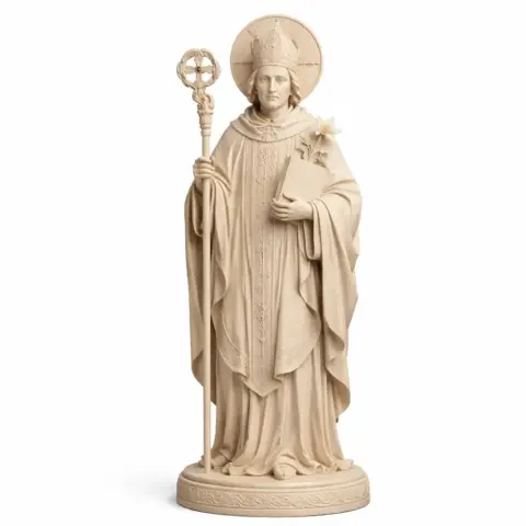 A detailed statue of a robed bishop holding a staff and book, with a halo above his head.