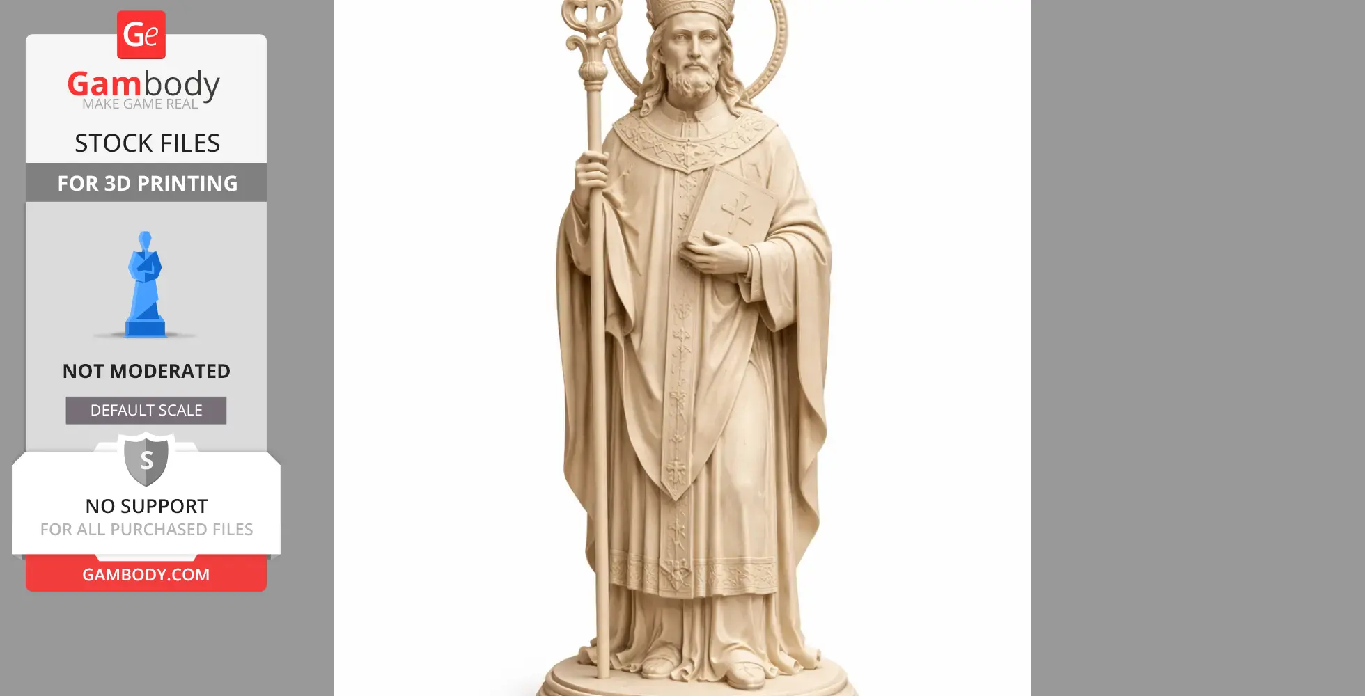 A 3D printed statue of Saint Avitus holding a staff and book, wearing detailed religious attire.