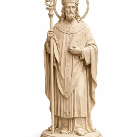 A detailed 3D statue of a religious figure holding a staff, wearing a robe and a hat with a halo.