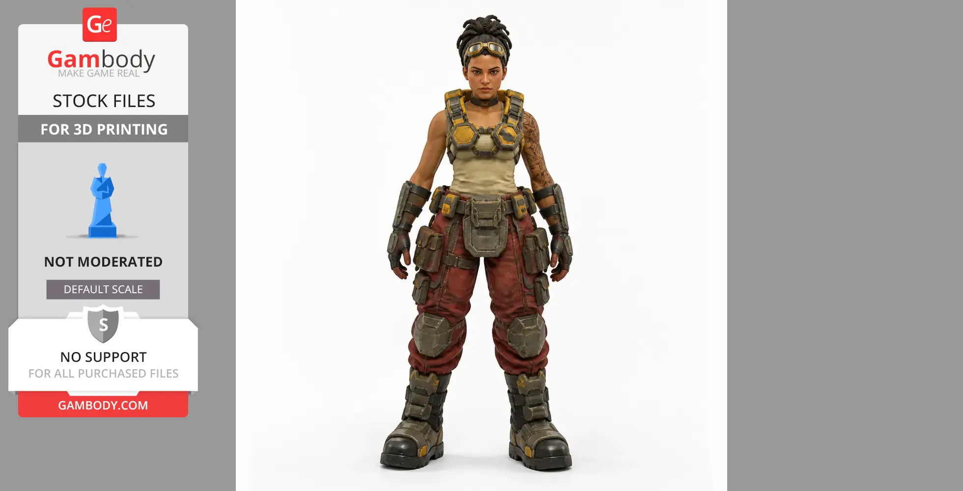 Armored female character with dreadlocks in tactical gear and goggles, ready for 3D printing.