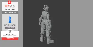 A detailed 3D figurine of a futuristic character with tactical gear and braided hair, viewed from the back.