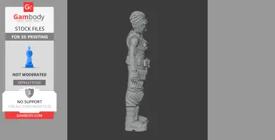 3D model of a sci-fi character with gear, featuring detailed armor and boots in a side profile view.