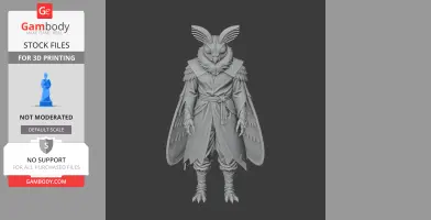 A moth-like humanoid figure with wings and detailed outfit, designed for 3D printing.