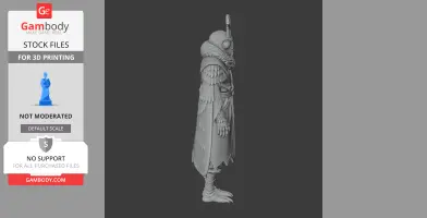 A side view of a detailed insect-like humanoid figure, featuring wings and a robe.