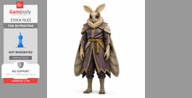 A moth-inspired humanoid figure with wings and a robe, designed for 3D printing.