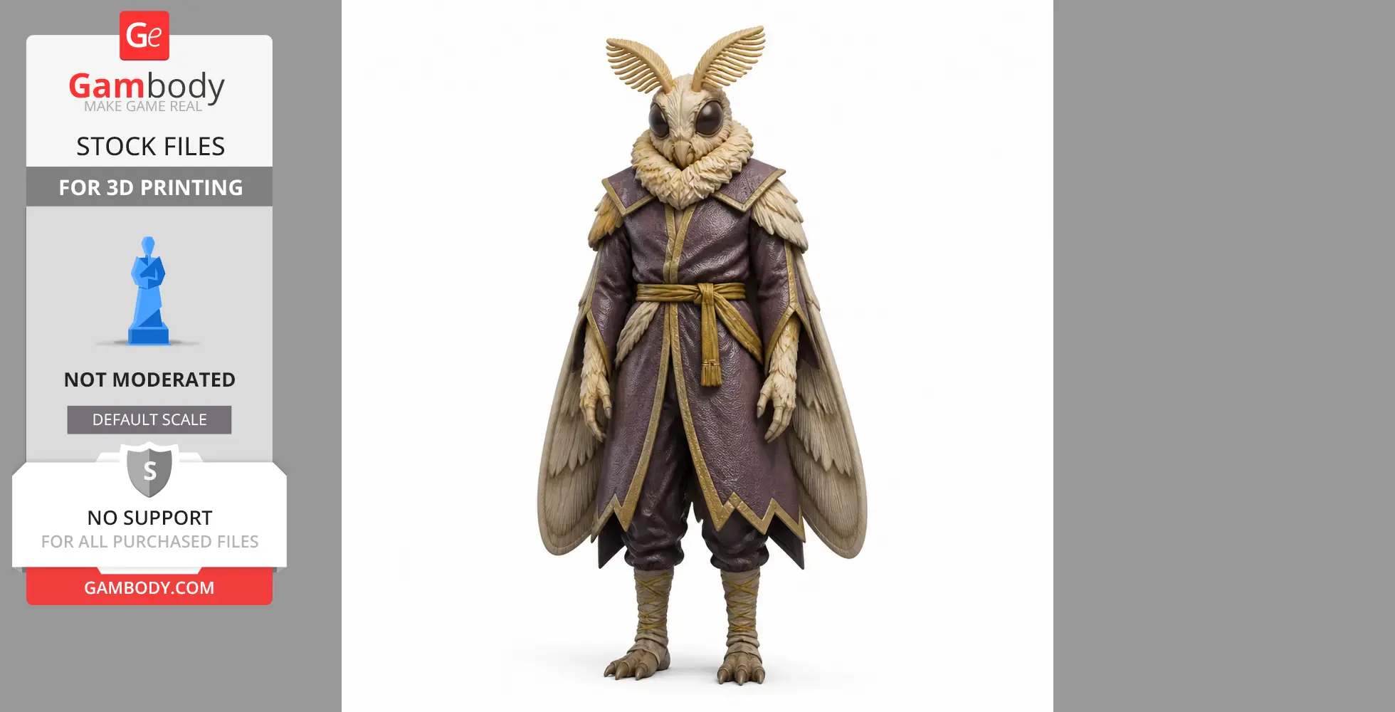 A moth-inspired humanoid figure with wings and a robe, designed for 3D printing.