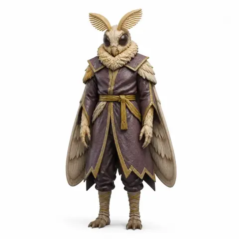 Moth-like humanoid in a detailed robe with large wings and antennae, designed for 3D printing.