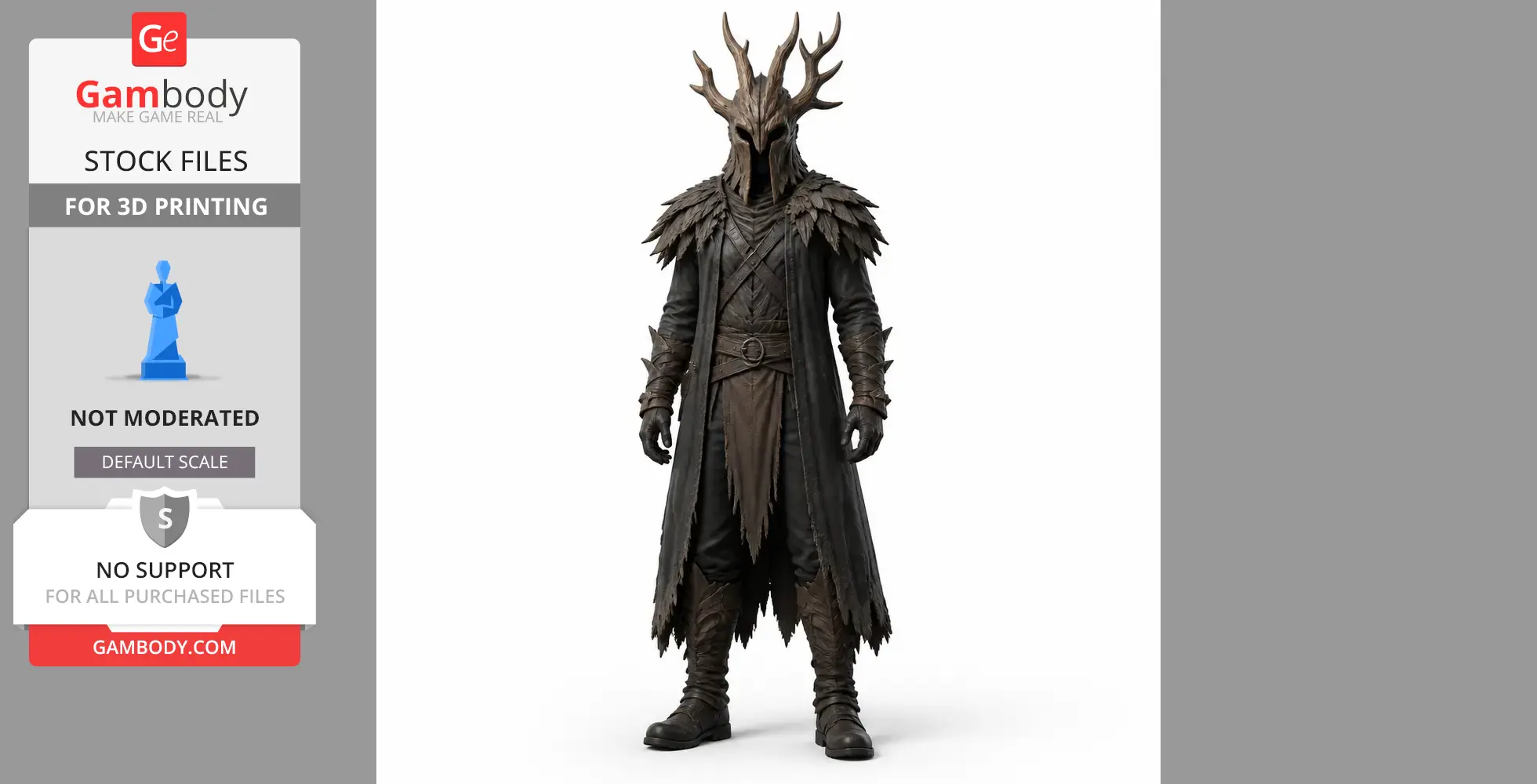 A figure wearing a textured cloak and spiked helmet resembling a tree, designed for 3D printing.