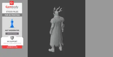 A detailed figurine of a cloaked character with antlers and a textured cape, viewed from the back.