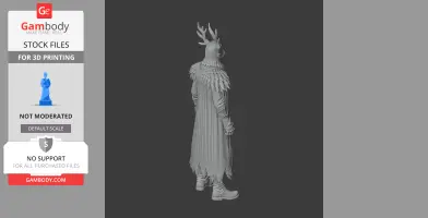A cloaked figure with antlered helmet and layered shoulder armor, standing in a side view.