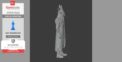 A detailed STL model of a fantasy character with an elongated head, cloak, and leaf-like armor elements.