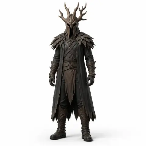 A detailed fantasy figure with antlered helmet and long coat, designed for 3D printing.