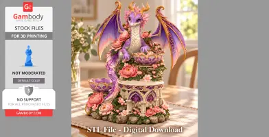 A lilac dragon with ornate wings and floral details decorates a tiered flower organizer.