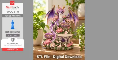 Lilac dragon figure with flowers and wings on a decorative base. For 3D printing.