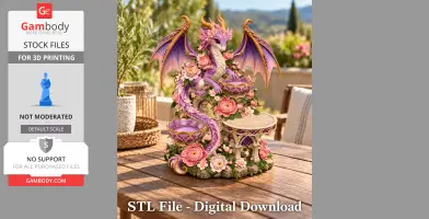 A lilac dragon surrounded by pink flowers, perched on a decorative flower organizer.