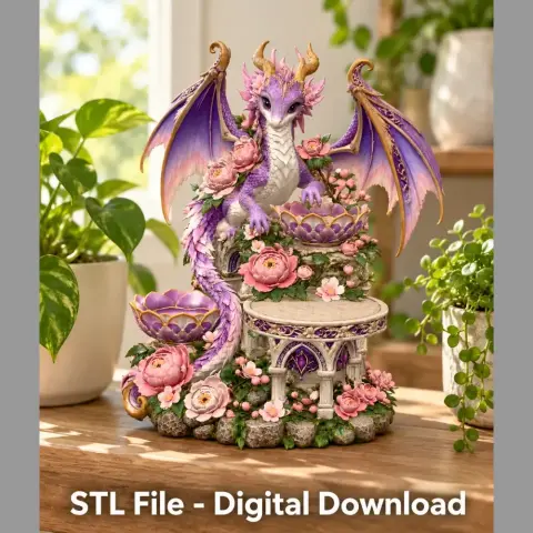 Lilac dragon with floral accents perched on a decorative organizer, surrounded by pink flowers.