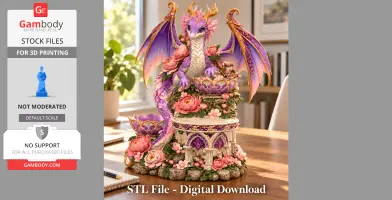 A lilac and gold dragon perched on a flowery, ornate base, designed for 3D printing as an organizer.