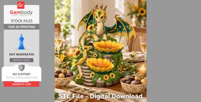 A whimsical yellow and turquoise dragon sitting atop a floral-themed organizer with sunflower accents.
