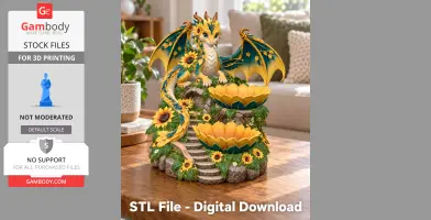 Yellow and turquoise dragon figurine perched on a leafy base with sunflower-like bowls.