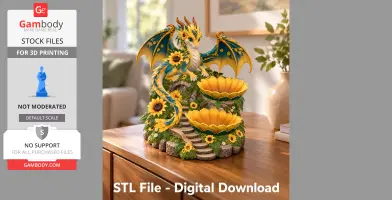 A decorative yellow and turquoise dragon organizer with sunflowers and tiered bowls.
