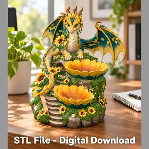 Yellow and turquoise dragon organizer with sunflower-themed bowls for 3D printing.