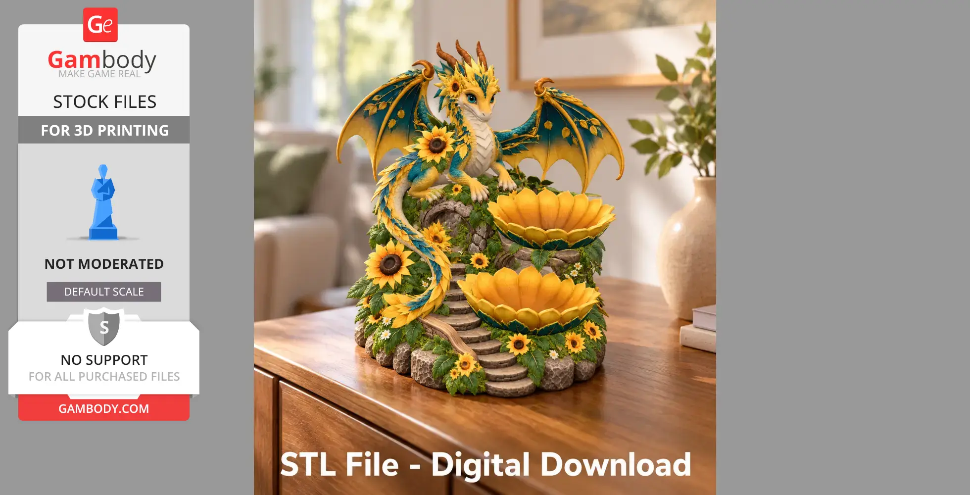 A decorative yellow and turquoise dragon organizer with sunflowers and tiered bowls.