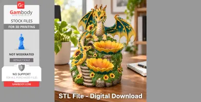 A vibrant dragon organizer featuring yellow and turquoise accents, surrounded by sunflowers and foliage.
