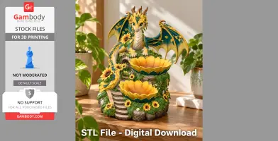 A vibrant yellow and turquoise dragon-shaped organizer with sunflower accents for 3D printing.