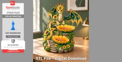 A vibrant yellow and turquoise dragon organizer with floral details and sunflower bowls, designed for 3D printing.