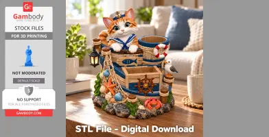 A cute cat in a sailor outfit on a nautical-themed organizer with rope, starfish, and shells.