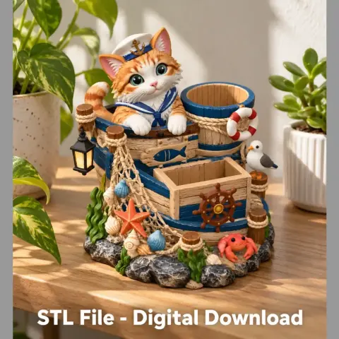 Maritime-themed cat organizer featuring a cat, nautical elements, and compartments for storage.
