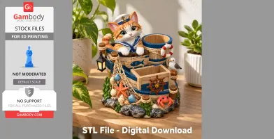 A cute cat in a sailor outfit on a nautical-themed organizer with starfish, crab, and seagull accents.