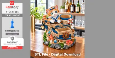 Cute nautical-themed cat organizer with sea decor, ropes, and compartments for desk items.