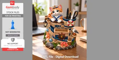 A cute cat in a sailor outfit sits on a nautical-themed organizer with a pen holder and maritime details.