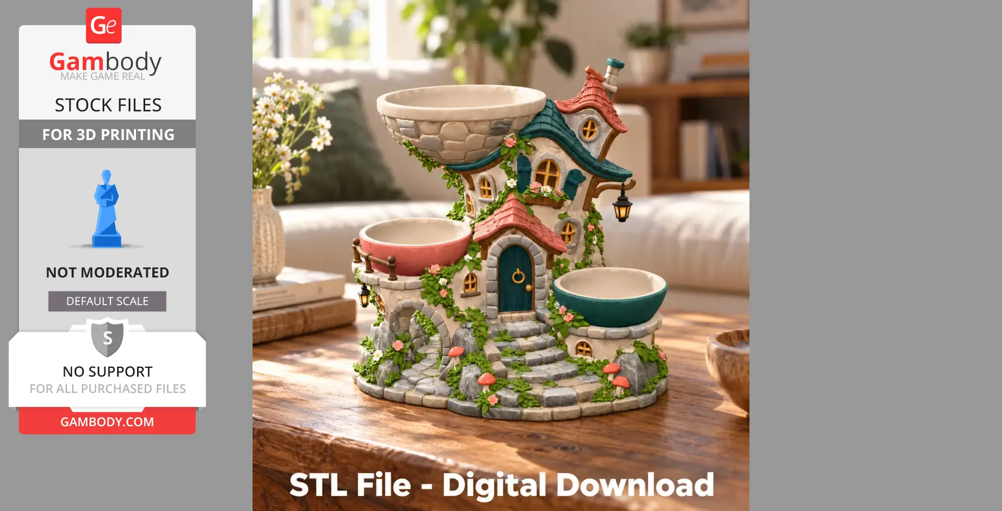 Whimsical cottage organizer with stairs, windows, and bowls; adorned with flowers and greenery.