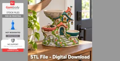 Charming miniature cottage organizer with colorful roofs, planters, and whimsical design, on a wooden table.