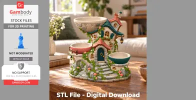 Whimsical cottage organizer with stairs, windows, and bowls; adorned with flowers and greenery.