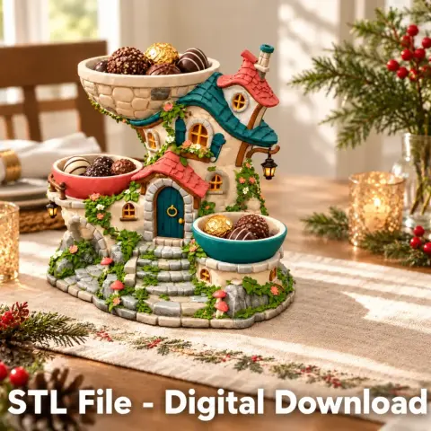 Whimsical cottage-shaped organizer with colorful roofs and bowls filled with chocolates.