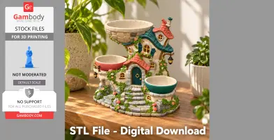 Whimsical cottage-shaped organizer with bowls, detailed with doors, windows, and greenery for 3D printing.