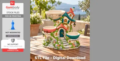 A whimsical cottage organizer with colorful bowls, steps, and greenery, designed for 3D printing.