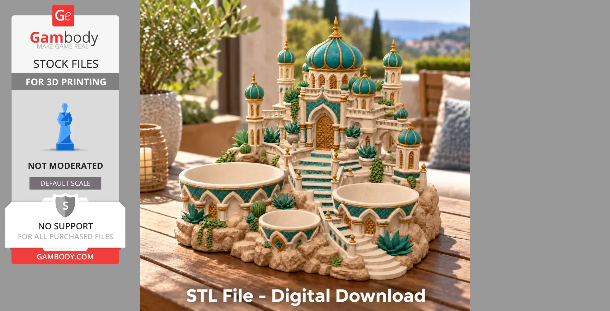 A detailed 3D model of an Arabian palace with domes and stairs, used as a tabletop organizer.